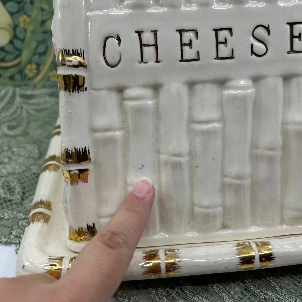 Vintage Cheese Keeper Block Triangle Ceramic Covered Vented Dish Gold White